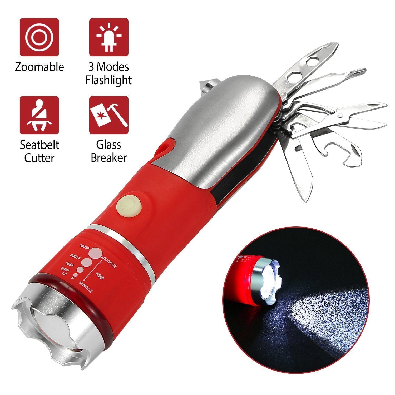 8-in-1 Multi-Tool Hammer Zoomable Emergency Flashlight Sports & Outdoors - DailySale