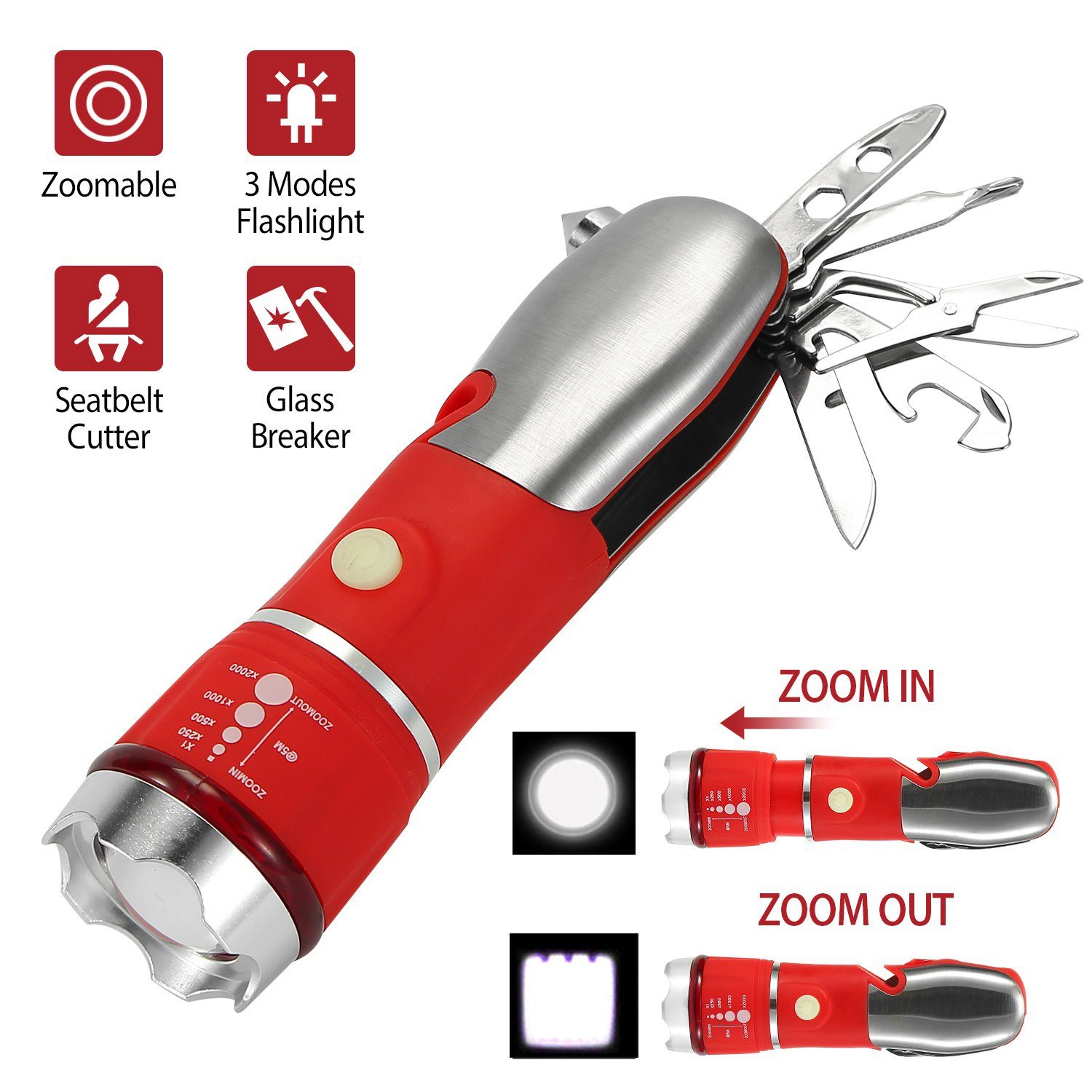 8-in-1 Multi-Tool Hammer Zoomable Emergency Flashlight Sports & Outdoors - DailySale