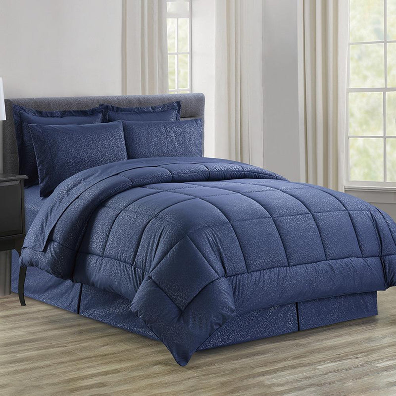 8-Piece: Plazatex Vine Microfiber Comforter Bed in A Bag Set Bed & Bath Queen Navy - DailySale