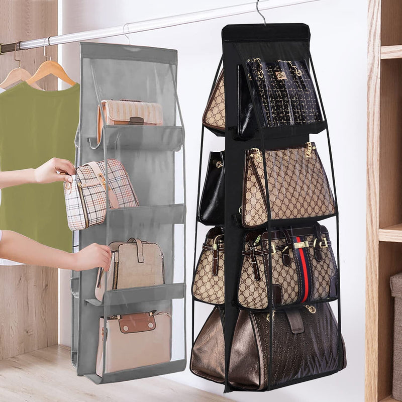 Lirex Handbag Hanging Organizer, 8 Pocket Purse Storage Hanger Oxford Cloth Closet for Family Closet Bedroom, Foldable and Universal Fit (Black)
