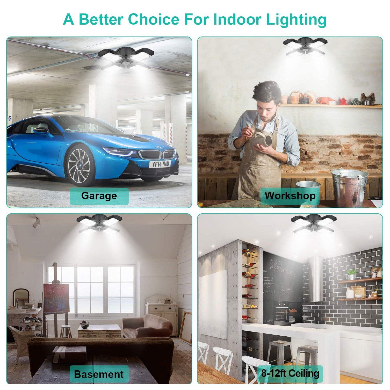 80W Deformable LED Garage Ceiling Lights with 4 Adjustable Panels Indoor Lighting - DailySale