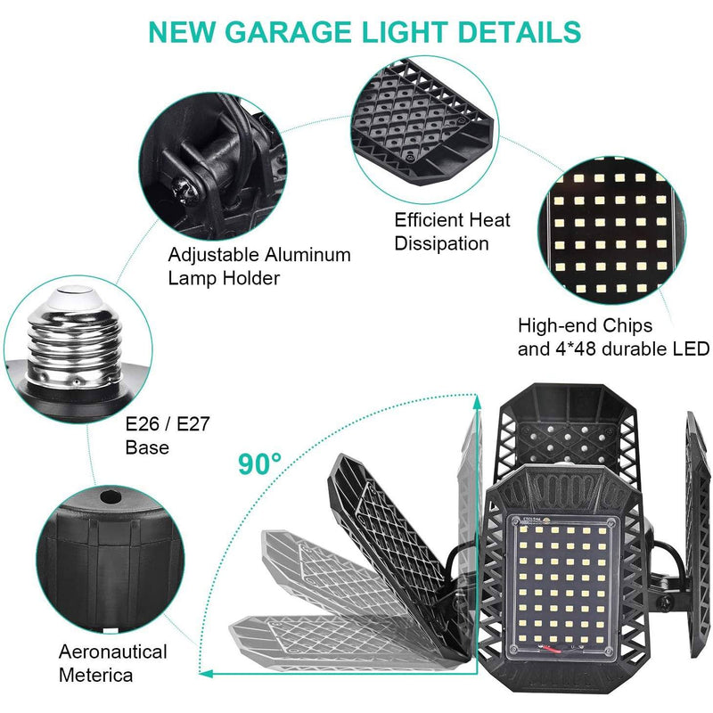 80W Deformable LED Garage Ceiling Lights with 4 Adjustable Panels Indoor Lighting - DailySale