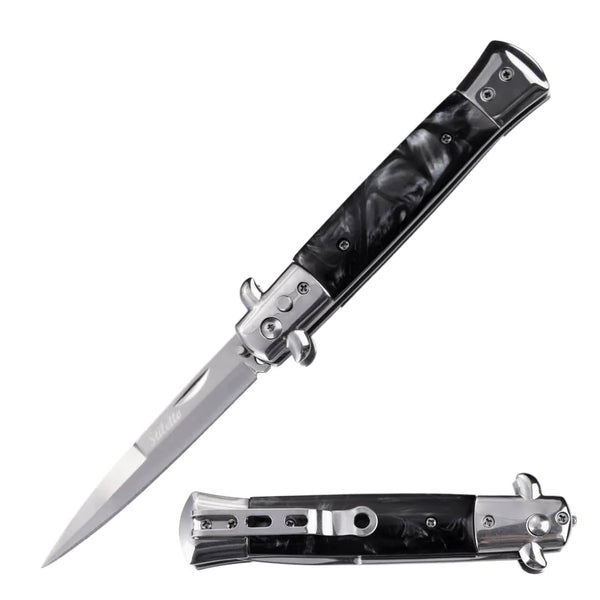 9” Automatic Out-The-Side Knife Tactical Black Marble - DailySale