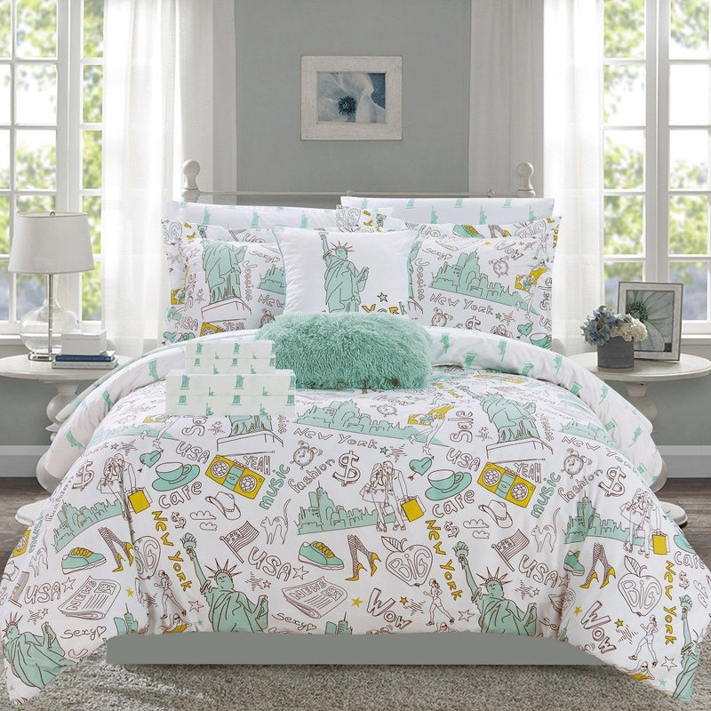 9-Piece Set: Liberty Reversible Comforter Set New York Theme Printed Design Bed Linen & Bedding - DailySale