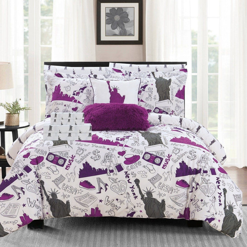 9-Piece Set: Liberty Reversible Comforter Set New York Theme Printed Design Bed Linen & Bedding Twin Purple - DailySale