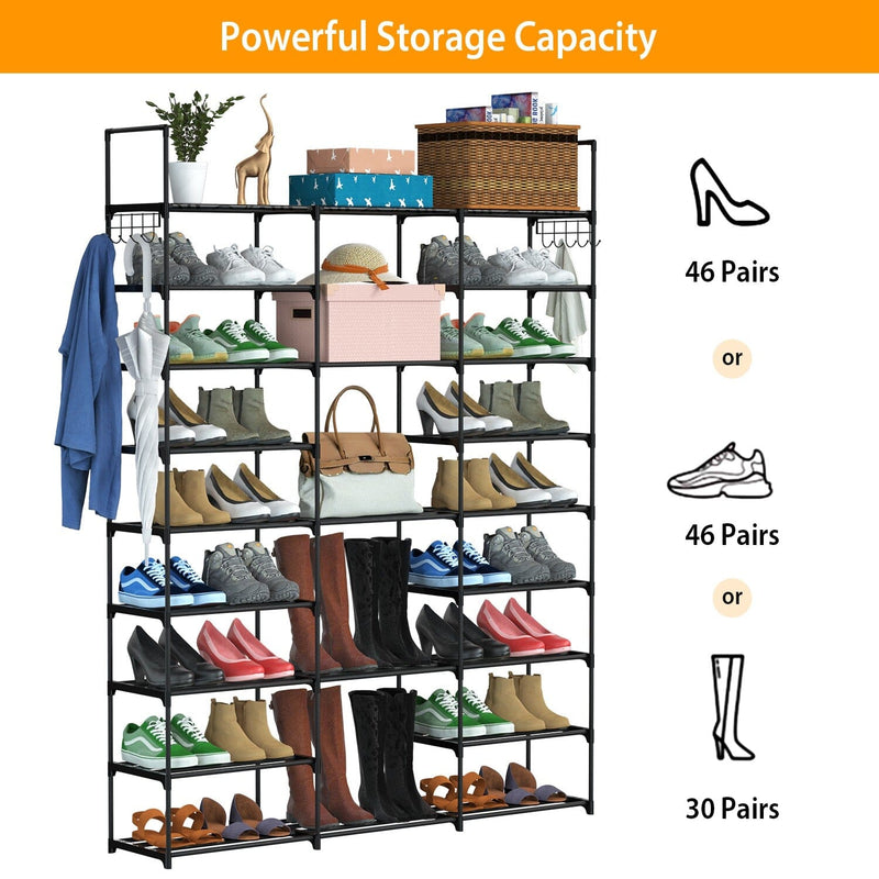 Shoe Rack Storage Organizer, 9 Tier Large Shoes 3 Row 9 Tiers with 2 Hooks