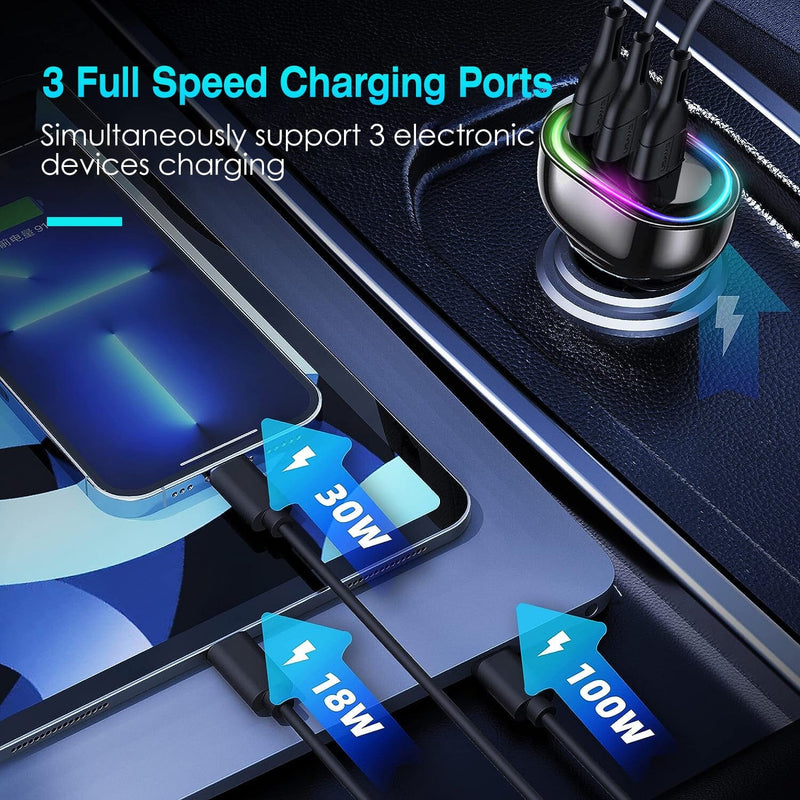 90W 3 Ports Fast Car Charger USB and Type C