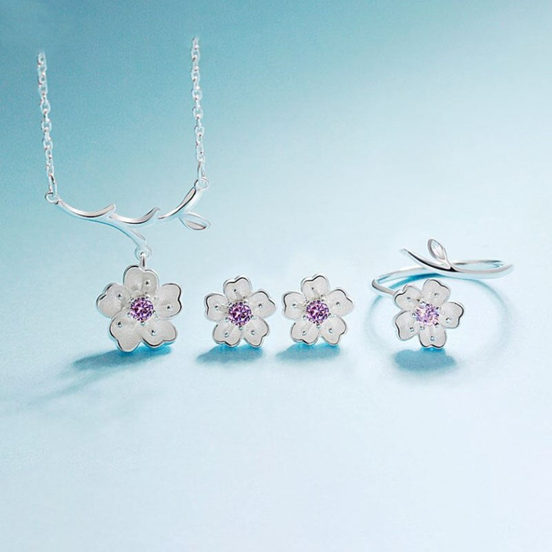 925 Sterling Silver Cute Flower Necklace Earrings Rings Bracelet Jewelry Set Necklaces - DailySale