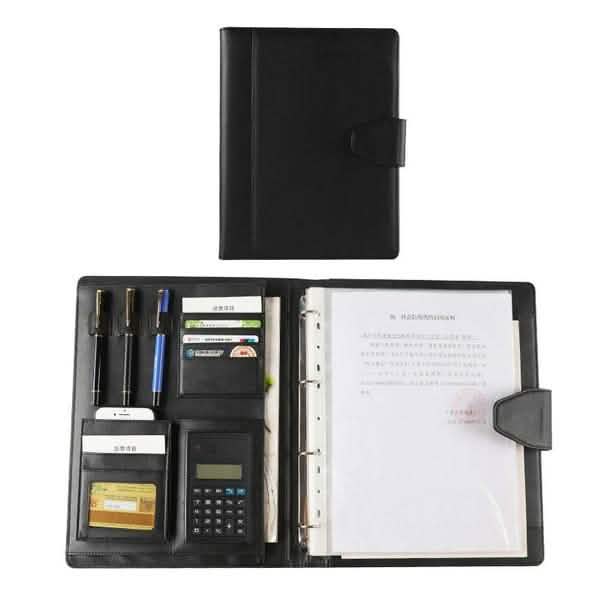 A4 Conference Folder Soft Leather Portfolio Organiser with Calculator Black With 8 Bit Calculator - DailySale