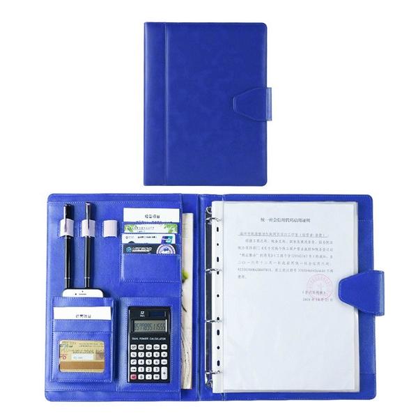 A4 Conference Folder Soft Leather Portfolio Organiser with Calculator Blue With 12 Bit Calculator - DailySale