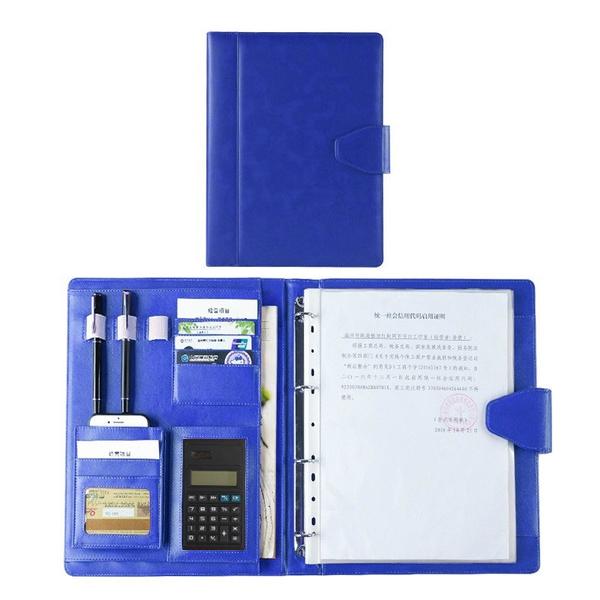 A4 Conference Folder Soft Leather Portfolio Organiser with Calculator Blue With 8 Bit Calculator - DailySale
