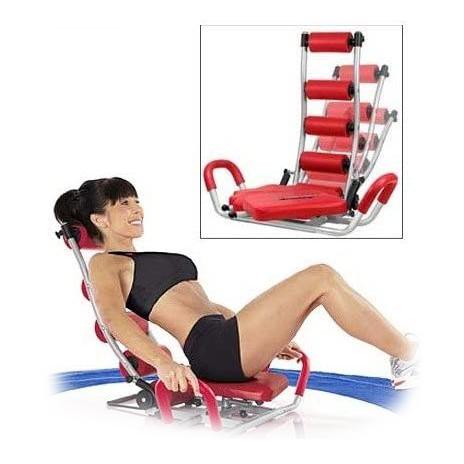 Smiling woman using a red Ab Rocket - Abdominal Training Chair, with inset image showing three different incline positions