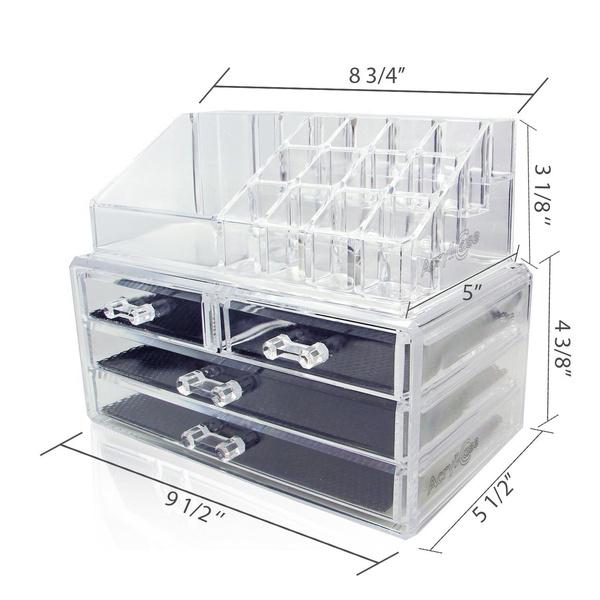 Full dimensions of 2-Pack: Acrylic Makeup Organizer Cosmetic Jewelry Display Box
