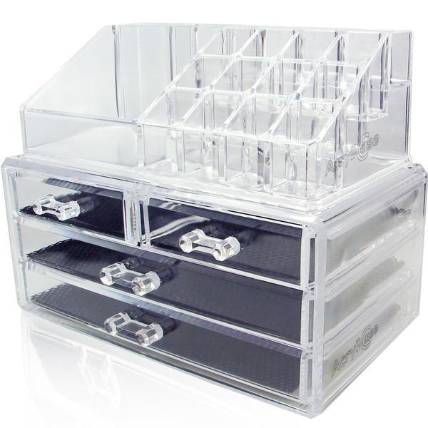 3/4 front left view of empty 2-Pack: Acrylic Makeup Organizer Cosmetic Jewelry Display Box with all drawers closed