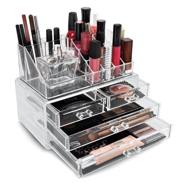 3/4 front right view of 2-Pack: Acrylic Makeup Organizer Cosmetic Jewelry Display Box with all drawers open, available at dailysale