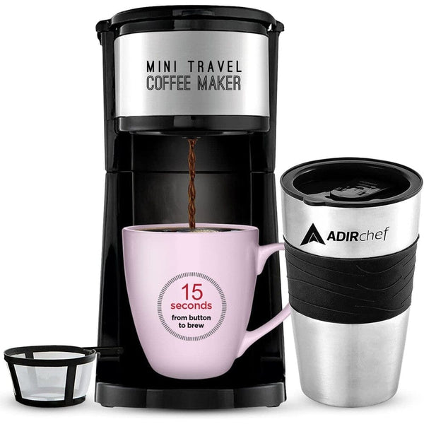 AdirChef Mini Travel Single Serve Coffee Maker & 15 oz. Travel Mug Coffee Tumbler & Reusable Filter Kitchen Appliances Black - DailySale