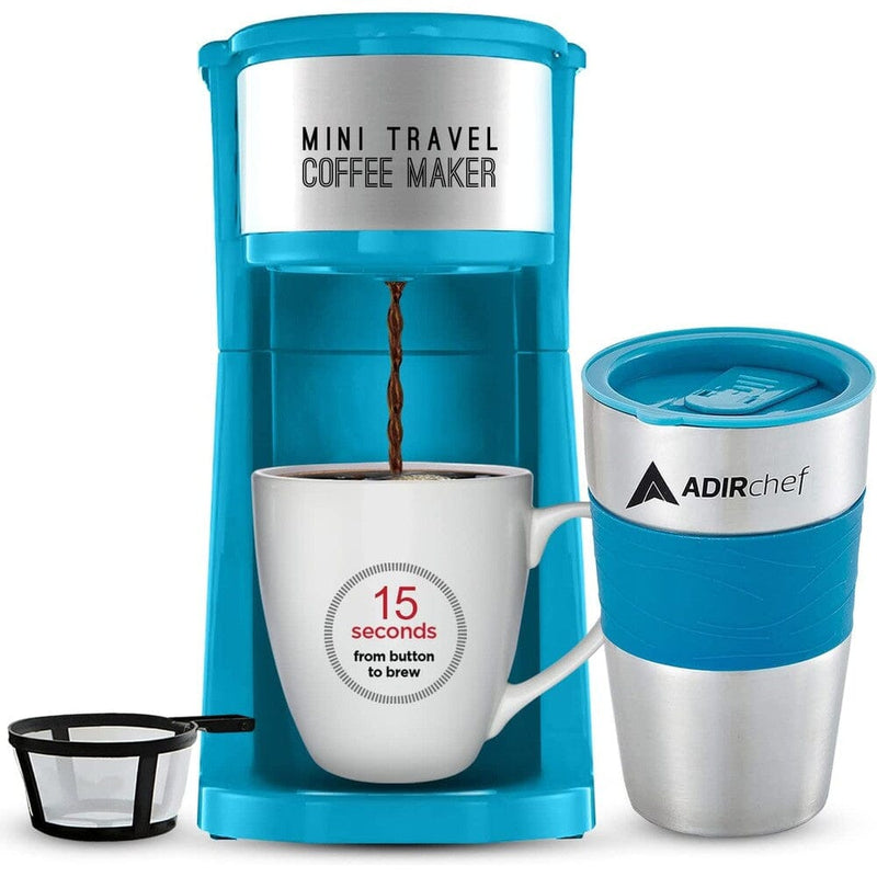 AdirChef Mini Travel Single Serve Coffee Maker & 15 oz. Travel Mug Coffee Tumbler & Reusable Filter Kitchen Appliances Blue - DailySale