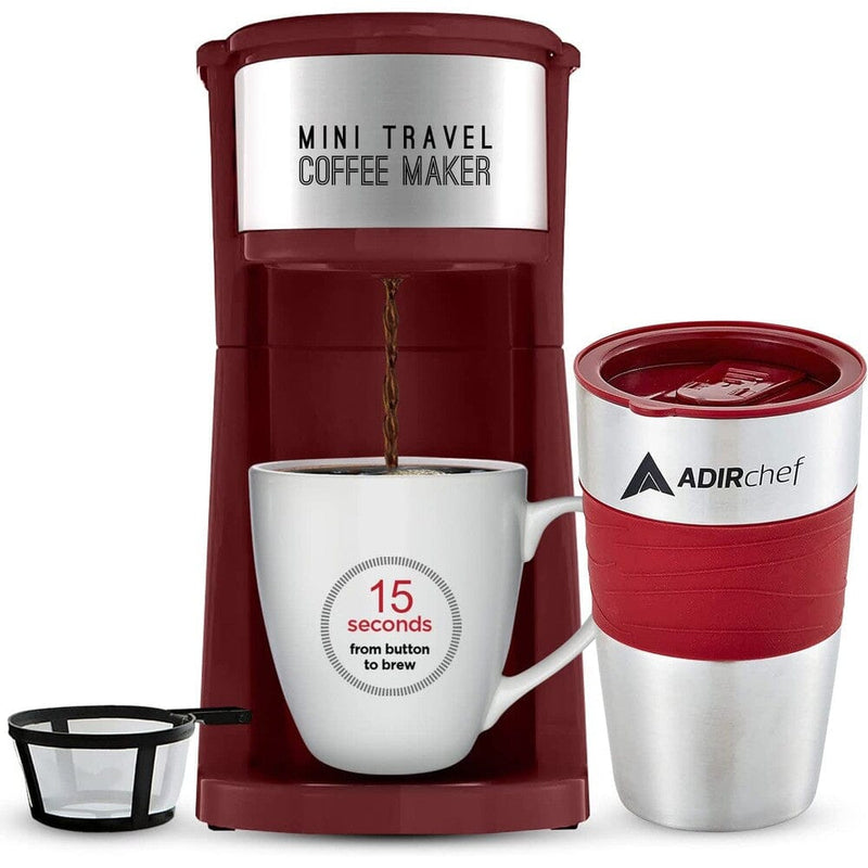 AdirChef Mini Travel Single Serve Coffee Maker & 15 oz. Travel Mug Coffee Tumbler & Reusable Filter Kitchen Appliances Ruby Red - DailySale