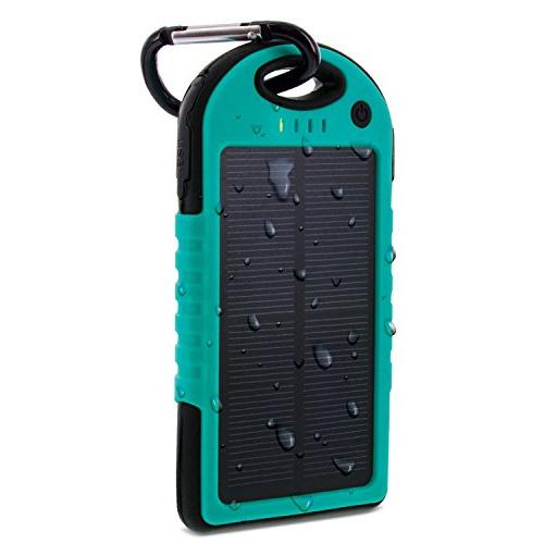 3/4 view of turquoise Aduro Powerup Solar 6,000 mAh Portable Backup Battery, available at Dailysale