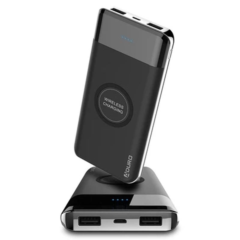Front and top view of a gray Aduro PowerUp Wireless Charging 10,000mAh Dual-USB Backup Battery