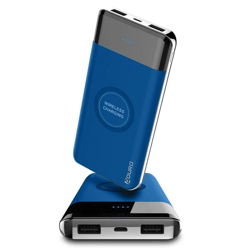 Front and top view of a blue Aduro PowerUp Wireless Charging 10,000mAh Dual-USB Backup Battery