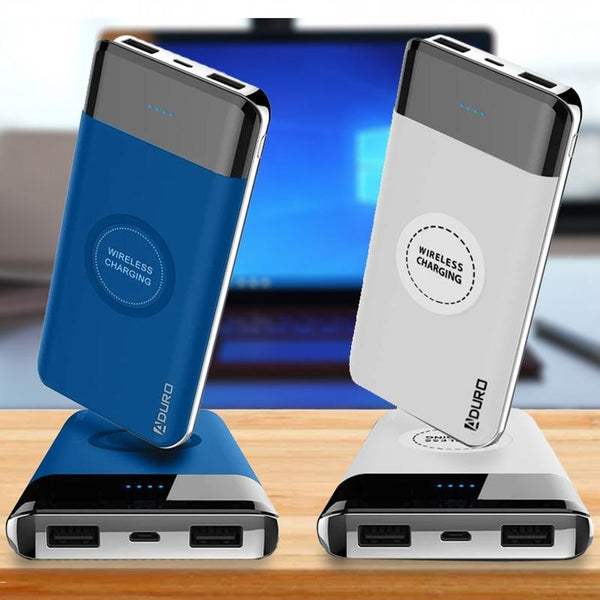 Two Aduro PowerUp Wireless Charging 10,000mAh Dual-USB Backup Batteries, one blue and one gray