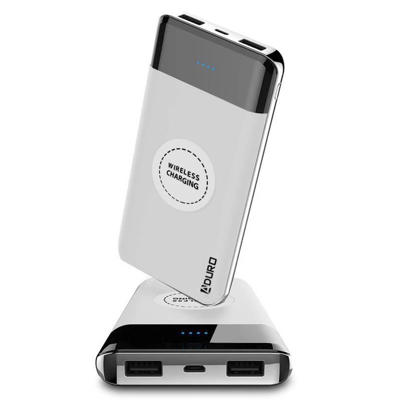 Front and top view of a white Aduro PowerUp Wireless Charging 10,000mAh Dual-USB Backup Battery