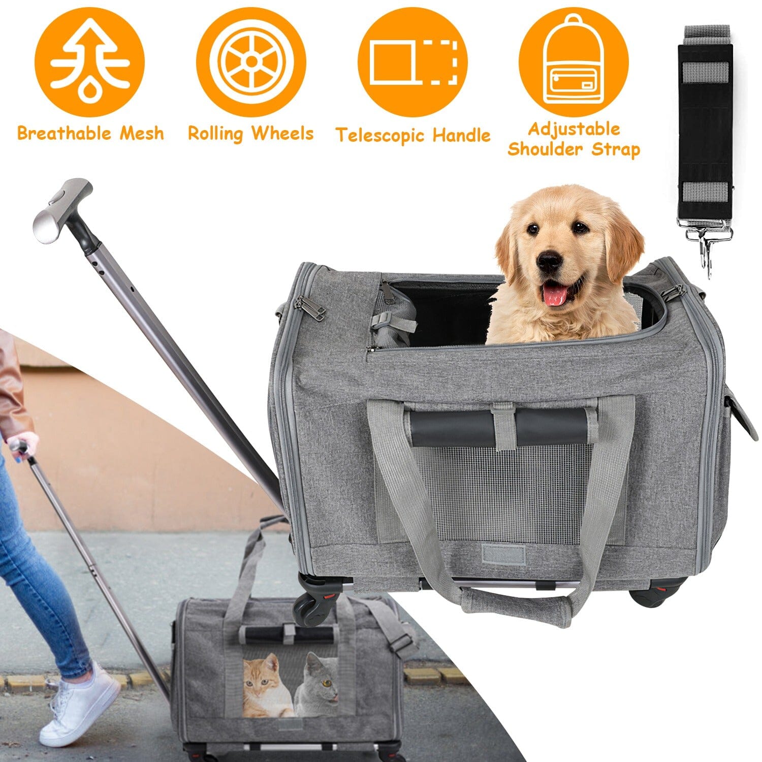 Airline Approved Rolling Pet Carrier with Telescopic Handle Shoulder Strap Pet Supplies - DailySale