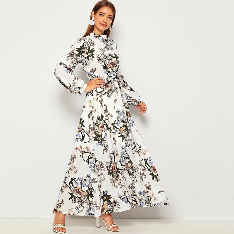 Allover Floral Print Self Tie Swing Maxi Dress Women's Dresses S - DailySale