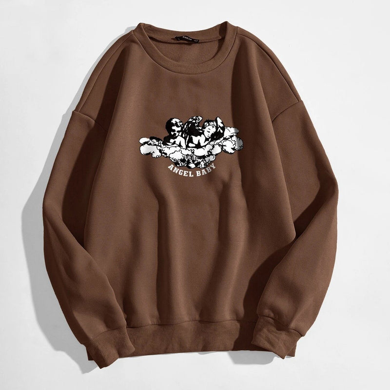 Angel and Letter Graphic Oversized Thermal Sweatshirt Women's Clothing Brown S - DailySale