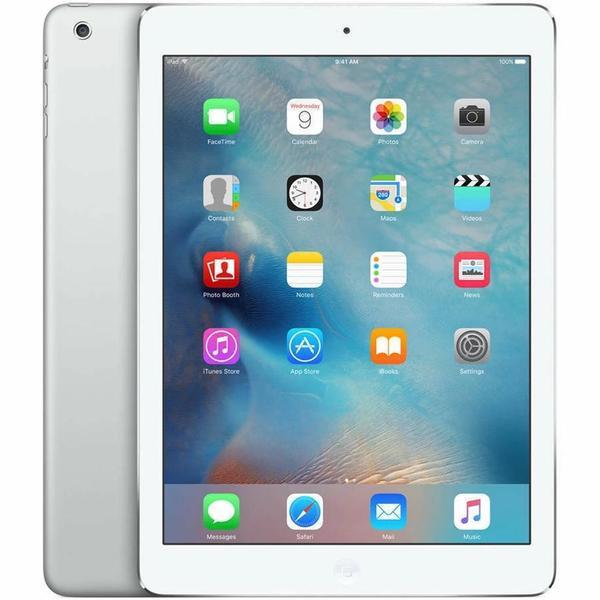 Front and back view of silver Apple iPad Air Tablet 1st Gen (Refurbished) with white bezel