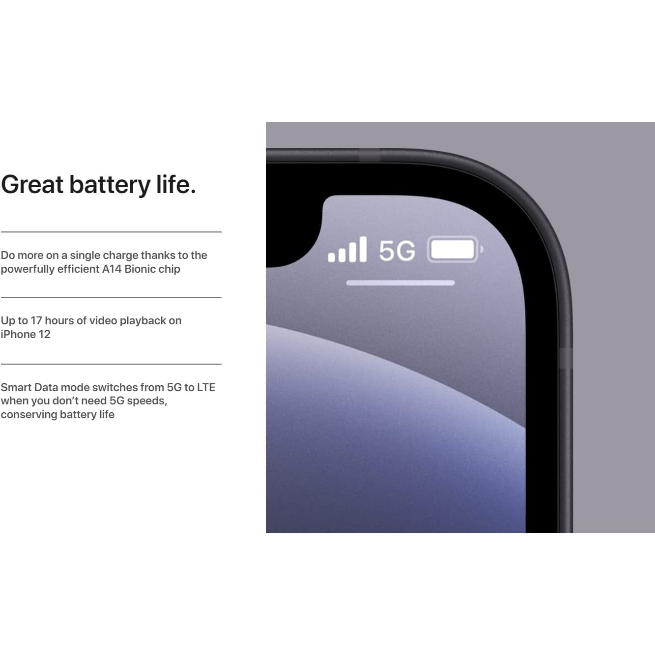 Closeup of the top right corner of an Apple iPhone 12 Mini - Fully Unlocked (Refurbished) showing the state of battery and bars of connectivity