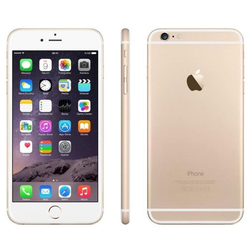 Front, side, and back view of Apple iPhone 6 Factory Unlocked Smartphone (Refurbished) in gold