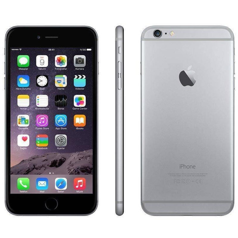 Front, side, and back view of Apple iPhone 6 Factory Unlocked Smartphone (Refurbished) in grey