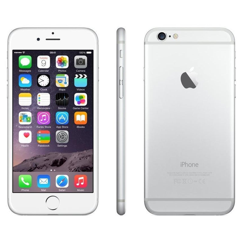 Front, side, and back view of Apple iPhone 6 Factory Unlocked Smartphone (Refurbished) in silver