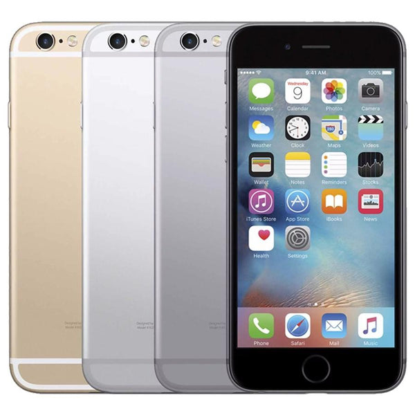 Apple iPhone 6 Factory Unlocked Smartphone (Refurbished) in three colors next to each other: grey, gold, and silver