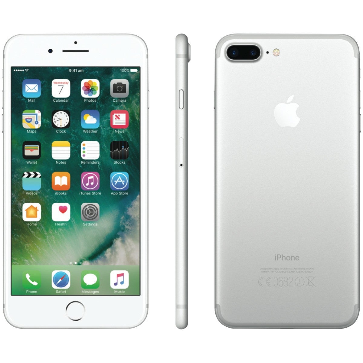 Front, side, and back view of a silver Apple iPhone 7 Plus - Fully Unlocked (Refurbished)