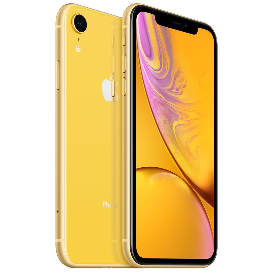 Angled view of front and back of Apple iPhone XR - Fully Unlocked (Refurbished) in yellow