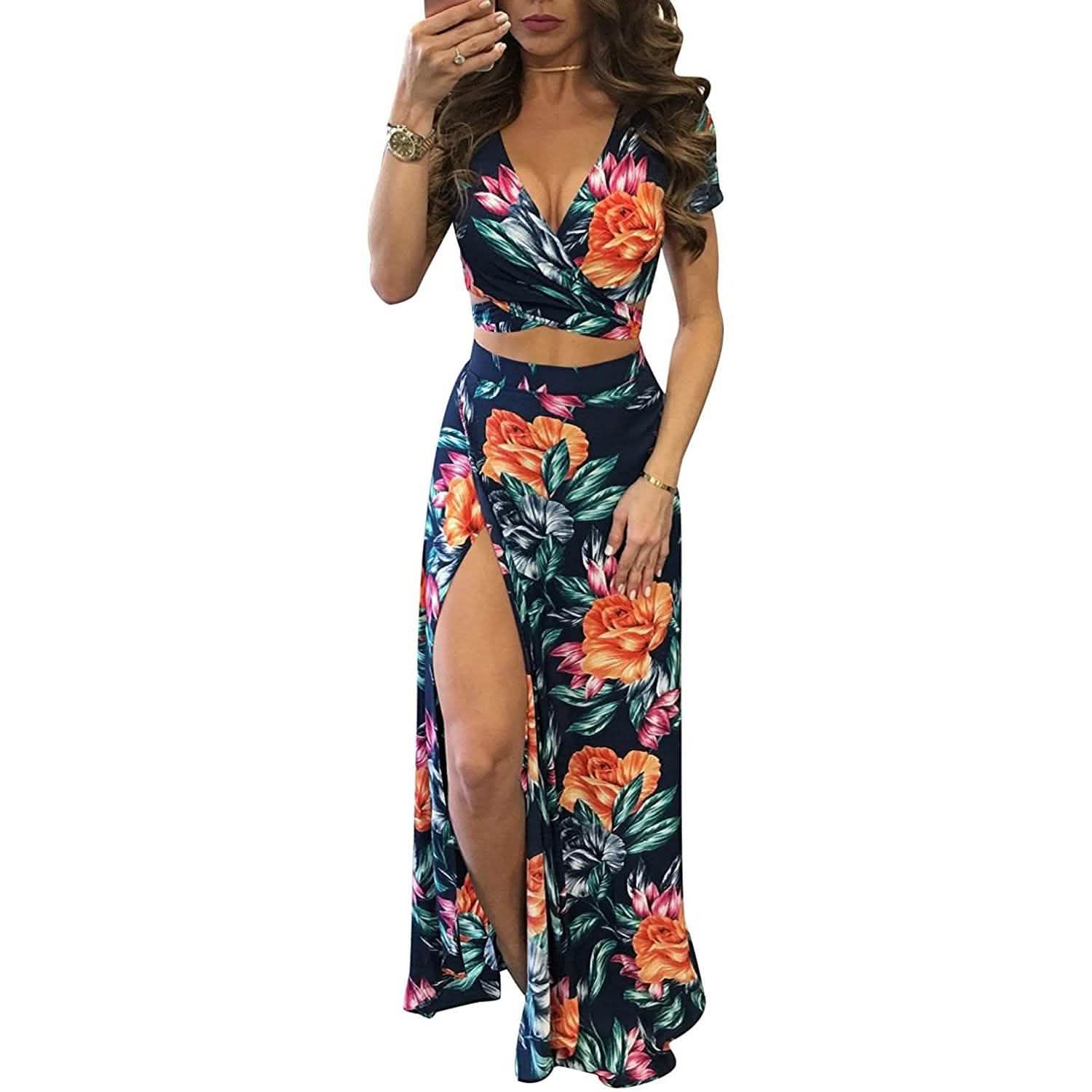 Aro Lora Women's Sexy V Neck Floral Printed Side Slit Two-Piece Maxi D Aro Lora Women's Sexy V Neck Floral Printed Side Slit Two-Piece Maxi D