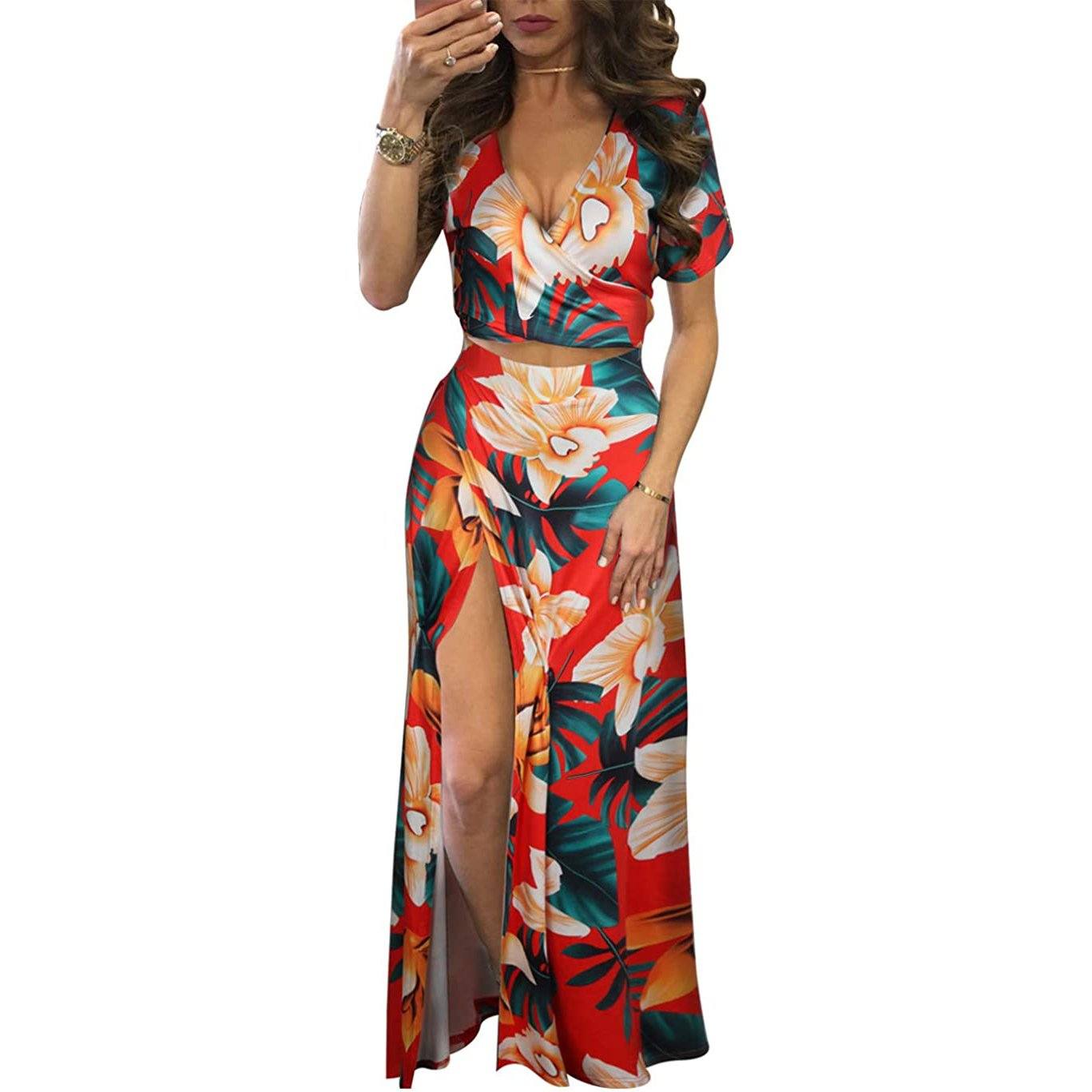 Aro Lora Women's Sexy V Neck Floral Printed Side Slit Two-Piece Maxi Dress