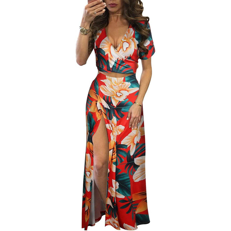 Aro Lora Women's Sexy V Neck Floral Printed Side Slit Two-Piece Maxi Dress Women's Clothing Red S - DailySale