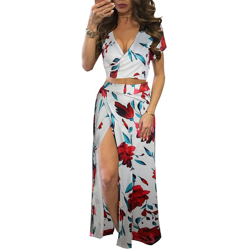 Aro Lora Women's Sexy V Neck Floral Printed Side Slit Two-Piece Maxi Dress Women's Clothing White S - DailySale