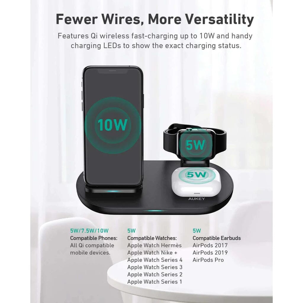 AUKEY 3-in-1 Wireless Charger Black Mobile Accessories - DailySale