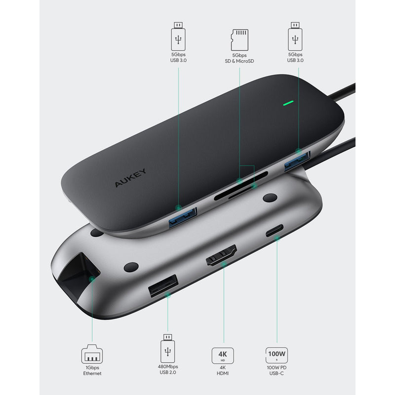 AUKEY CBC71 8 in 1 USB C Hub with Ethernet Port Computer Accessories - DailySale
