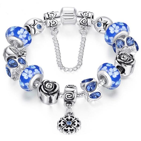 Austrian Crystal And Murano Beads Bracelet With Flower Charm Jewelry Blue - DailySale