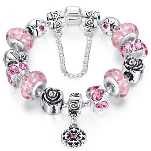 Austrian Crystal And Murano Beads Bracelet With Flower Charm Jewelry Pink - DailySale