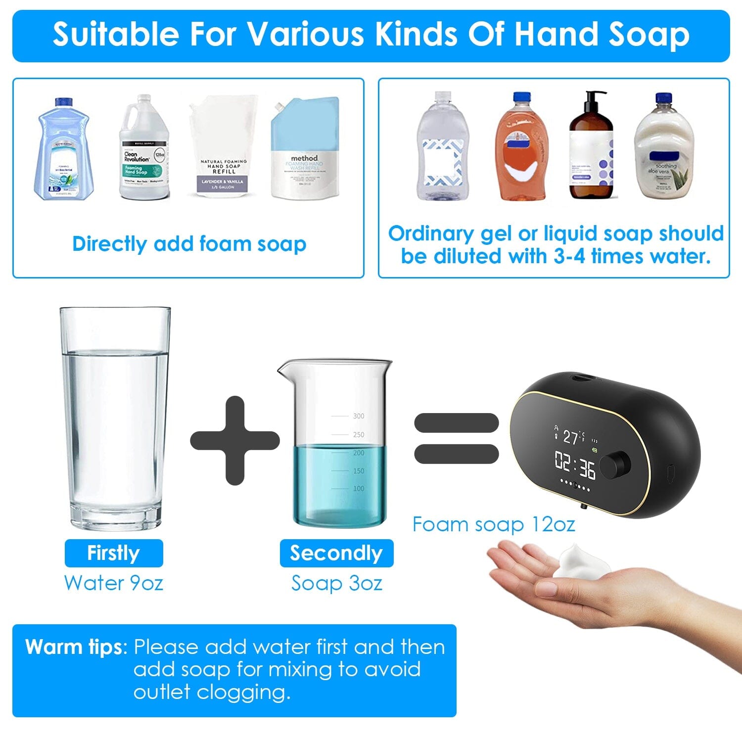 Automatic Soap Dispenser Wall Mounted Hand Free with Clock Temperature Bath - DailySale