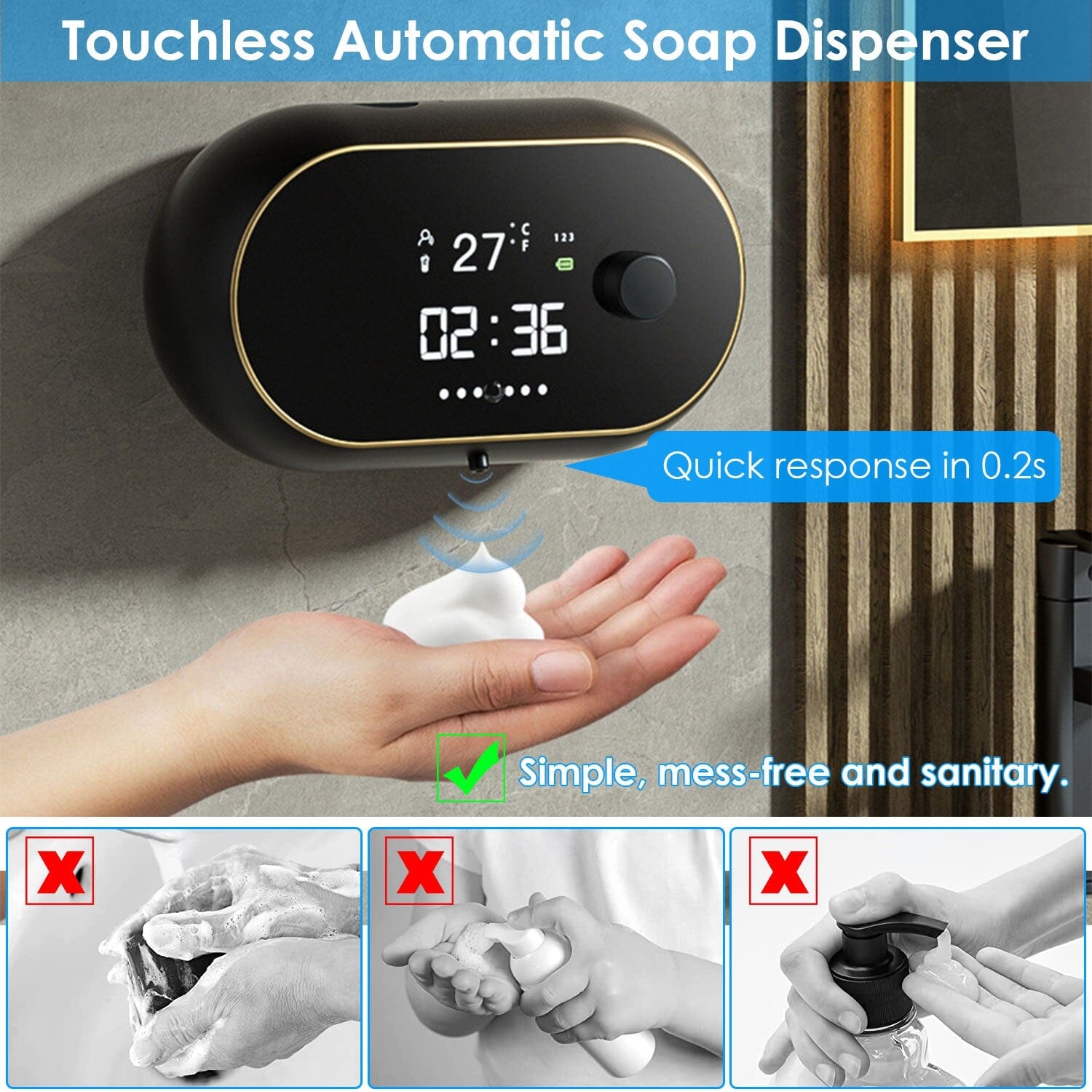 Automatic Soap Dispenser Wall Mounted Hand Free with Clock Temperature Bath - DailySale