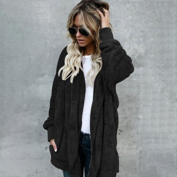 Autumn Winter Jacket Female Coat Causal Soft Hooded Pocket Zipper Fleece Women's Clothing Black S - DailySale
