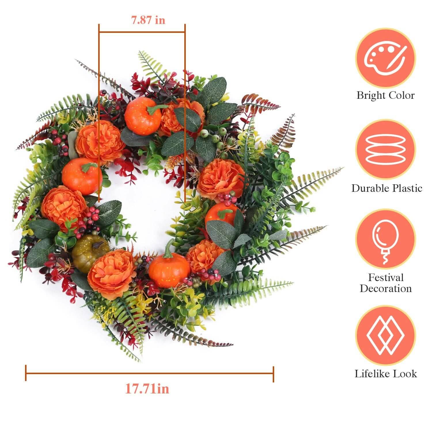 Autumn Wreath with Pumpkin Mixed Leaves Berries Flower Fall Holiday Decor & Apparel - DailySale